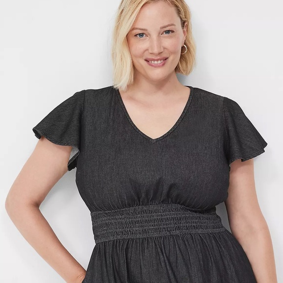 Lane Bryant Women's 3X Dress Black Smocked-Waist Flutter Sleeve w/Pockets - Picture 2 of 12